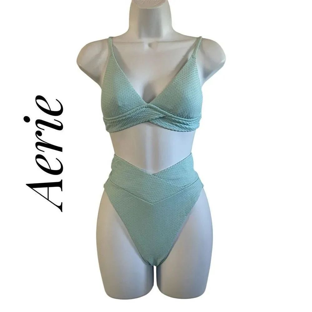 Aerie Small Triangle High Cut 2 Piece Bikini Set Teal Swimwear